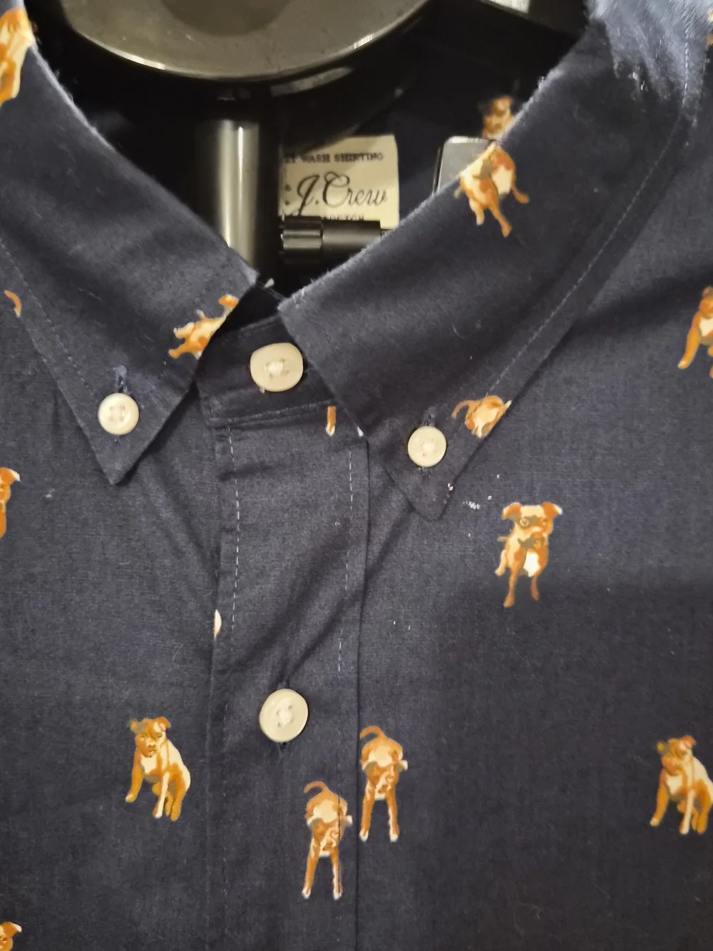 J.Crew Men's XL Secret Wash Classic Fit Navy Blue Novelty Dog Print Stretch